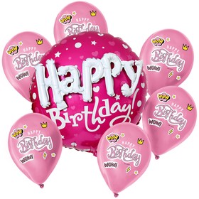 Набор из воздушных шаров "С Днем рождения", фольга, латекс, надпись розовый, набор 7 шт.
