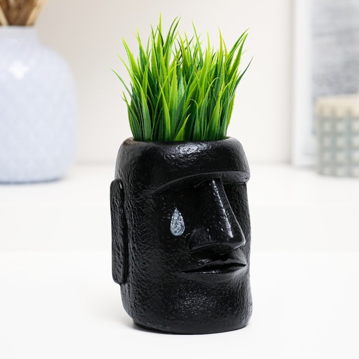 Кашпо - органайзер "Истукан моаи со слезой крупный" черный, серебро, 11см - Фото 1