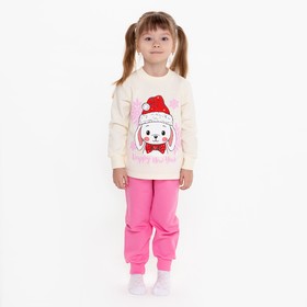Пижама новогодняя для девочки, цвет светло-бежевый/ярко-розовый, рост 98-104 см