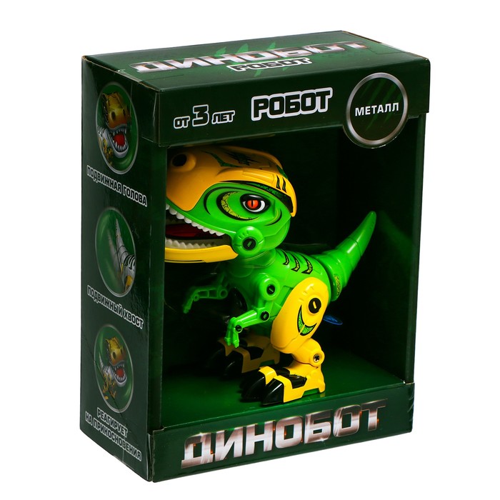Робот динозавр «Динобот» IQ BOT, интерактивный: реагирует на касания, звук, свет, металлический, на батарейках, зелёный - фото 1904653123