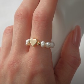Кольцо сердечко "МИКС камней" (жемчуг крупный, гематит), цвет золото, 18 размер