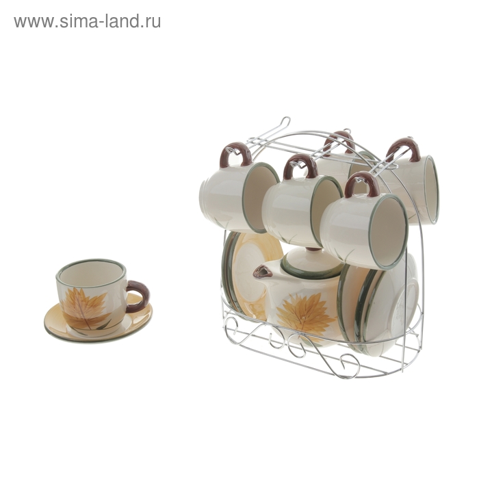 Сервиз кофейный "Кленовый лист", 13 предметов на подставке: 6 чашек 90 мл, 6 блюдец, чайник 350 мл - Фото 1