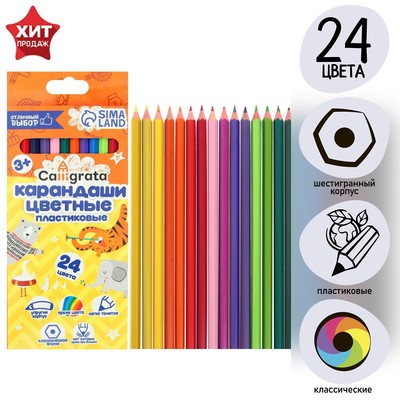 УЦЕНКА Карандаши 24 цвета Calligrata ЭКОНОМ, заточенные, шестигранные, пластиковые, картонная упаковка, европодвес