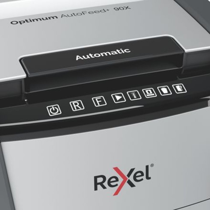 Шредер Rexel Optimum AutoFeed 90X, фрагменты 4х28 мм, 90 листов, скрепки, скобы, пл.карты - фото 1907562518