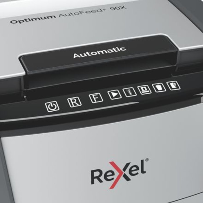 Шредер Rexel Optimum AutoFeed 90X, фрагменты 4х28 мм, 90 листов, скрепки, скобы, пл.карты - фото 1886961692