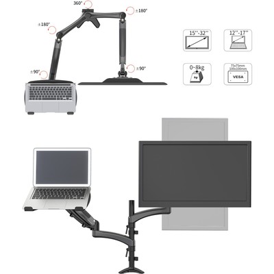 Кронштейн Cactus CS-VM-LH08-BK, для монитора/ноутбука, 13"-27", до 8 кг, чёрный