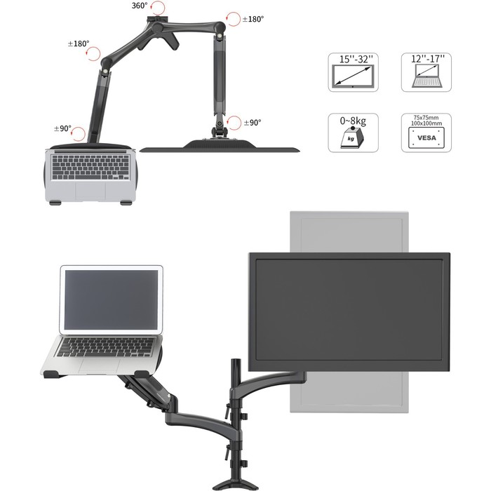 Кронштейн Cactus CS-VM-LH08-BK, для монитора/ноутбука, 13"-27", до 8 кг, черный - фото 51434730