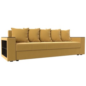 Прямой диван «Дубай лайт», еврокнижка, полки слева, микровельвет, цвет жёлтый