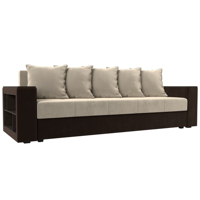 Прямой диван «Дубай лайт», еврокнижка, полки слева, микровельвет, бежевый / коричневый - Фото 1
