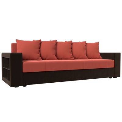Прямой диван «Дубай лайт», еврокнижка, полки слева, микровельвет, коралловый / коричневый