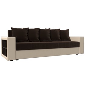 Прямой диван «Дубай лайт», полки слева, цвет микровельвет коричневый / экокожа бежевый