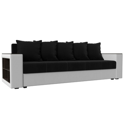 Прямой диван «Дубай лайт», еврокнижка, полки слева, микровельвет чёрный / экокожа белый