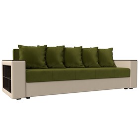 Прямой диван «Дубай лайт», еврокнижка, полки слева, микровельвет зелёный / экокожа бежевый