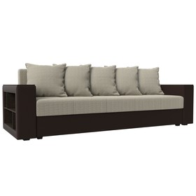 Прямой диван «Дубай лайт», еврокнижка, полки слева, рогожка корфу 02 / экокожа коричневый