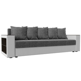 Прямой диван «Дубай лайт», еврокнижка, полки слева, цвет рогожка серый / экокожа белый