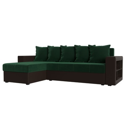 Угловой диван «Дубай лайт», еврокнижка, угол левый, велюр зелёный / экокожа коричневый