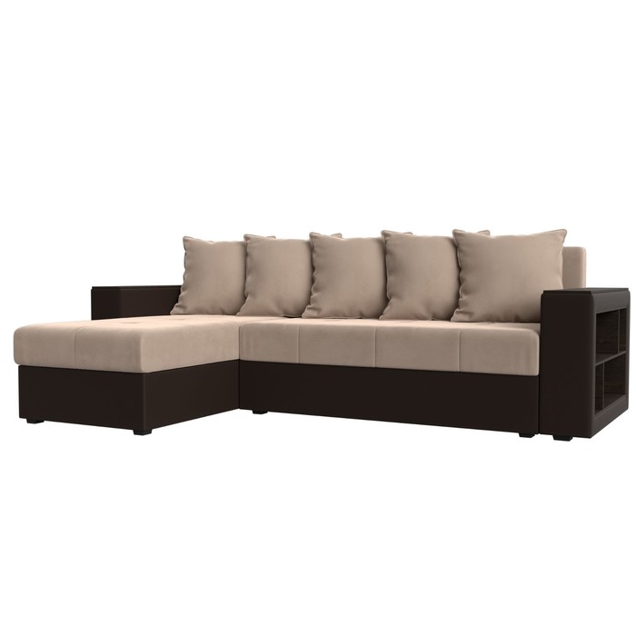Угловой диван «Дубай лайт», еврокнижка, угол левый, велюр бежевый / экокожа коричневый