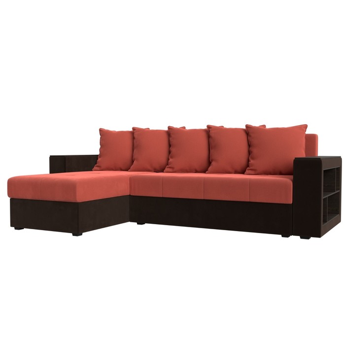 Угловой диван «Дубай лайт», еврокнижка, угол левый, микровельвет, коралловый / коричневый - Фото 1