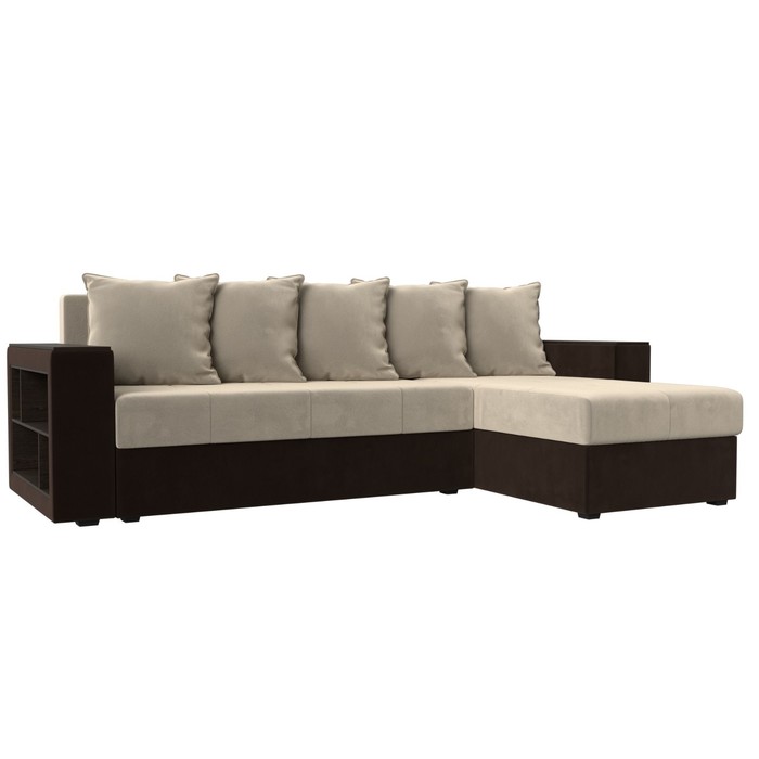 Угловой диван «Дубай лайт», еврокнижка, угол правый, микровельвет, бежевый / коричневый - Фото 1