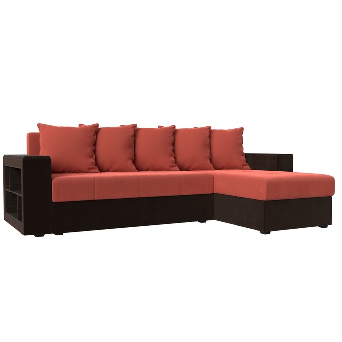 Угловой диван «Дубай лайт», еврокнижка, угол правый, микровельвет, коралловый / коричневый - Фото 1