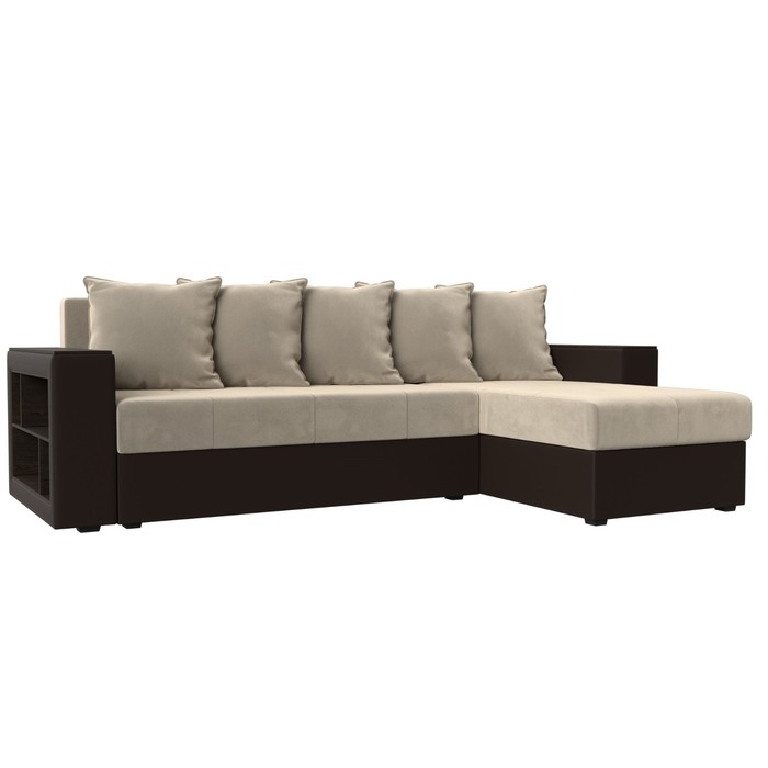 Угловой диван «Дубай лайт», угол правый, цвет микровельвет бежевый / экокожа коричневый - Фото 1