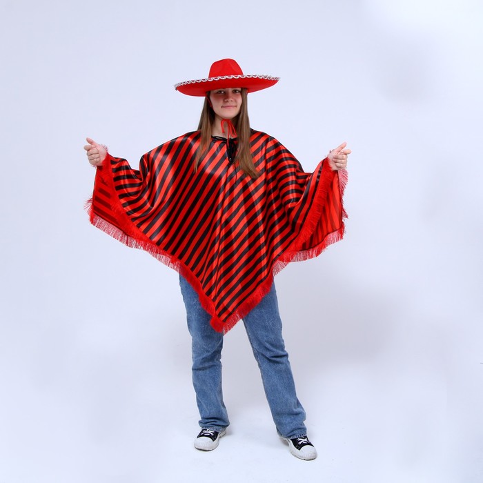 Карнавальный костюм «Мексика», шляпа, пончо, полоска чёрно-красный - Фото 1