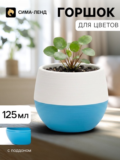 Горшок цветочный «Япония», 125 мл, d=8 см, h=6.5 см, пластиковый, с поддоном, бело-бирюзовый