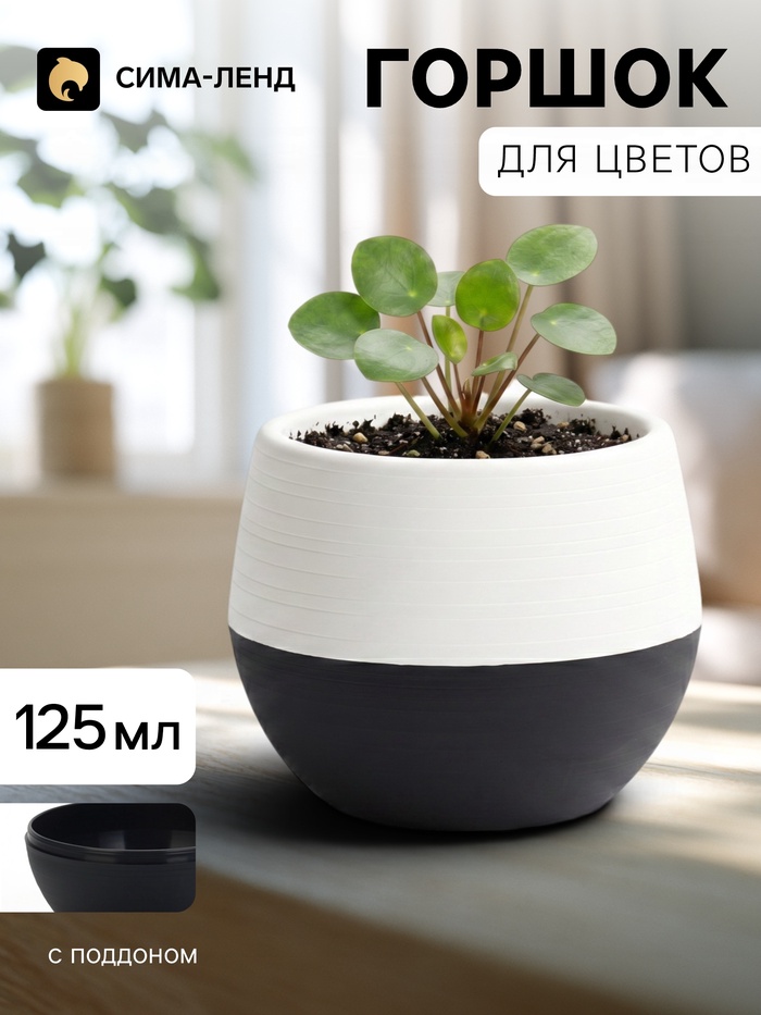 Горшок цветочный «Япония», 125 мл, d=8 см, h=6.5 см, пластиковый, с поддоном, бело-графитовый - Фото 1