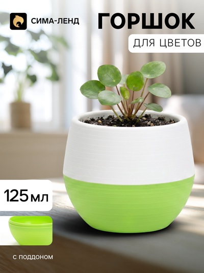 Горшок цветочный «Япония», 125 мл, d=8 см, h=6.5 см, пластиковый, с поддоном, бело-фисташковый