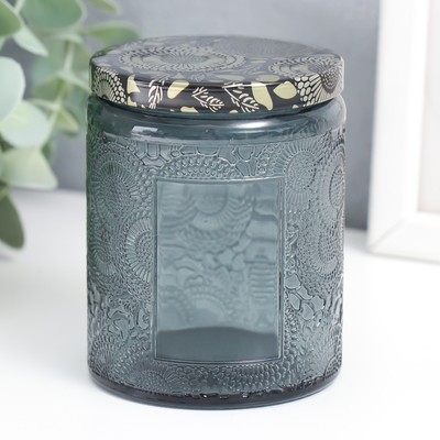 Банка для свечей стекло с крышкой "Цветочная" серая, цилиндр 9х7х7 см, МИКС