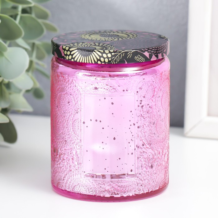Банка для свечей стекло с крышкой "Цветочная" розовая, цилиндр, гальваника 9х7х7 см - Фото 1