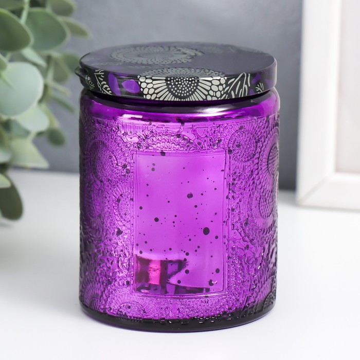 Банка для свечей стекло с крышкой "Цветочная" фиолет, цилиндр, гальваника 9х7х7 см - Фото 1