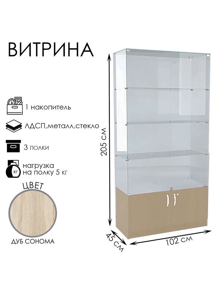 Витрина В 102 ВД, 1020×450×2050, ЛДСП, стекло, цвет дуб сонома