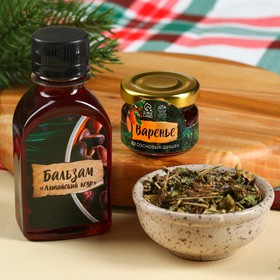 Подарочный набор новогодний«Будьте здоровы»: чай 20 г, варенье из сосновых шишек 30 г, бальзам 100 мл.