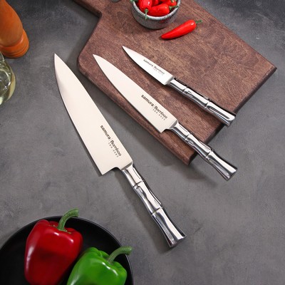 Набор ножей Samura BAMBOO, 3 шт: лезвие 8,8 см, 15 см, 20 см, стальная рукоять