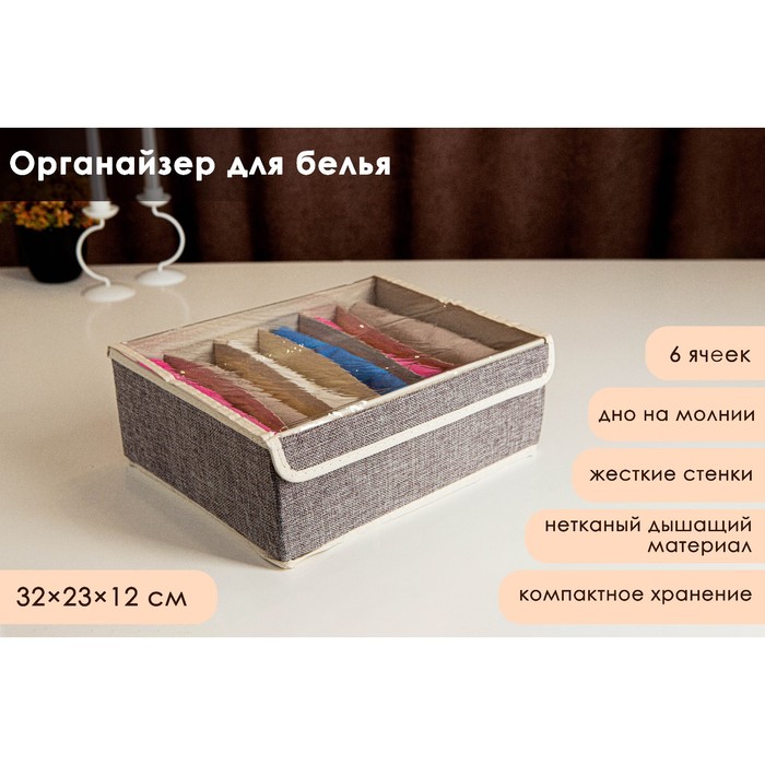 Органайзер для хранения белья с прозрачной крышкой Доляна «Тео», 6 ячеек, 32×23×12 см, цвет серый - Фото 1