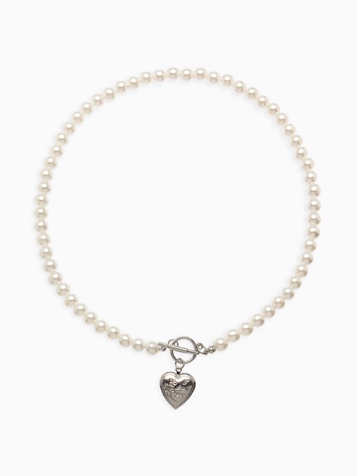 Колье «Жемчуг» сердце, шар №8, белое в серебре, L= 45 см
