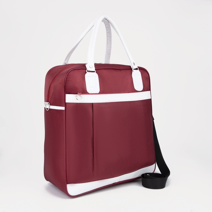 Сумка дорожная женская на молнии, наружный карман, держатель для чемодана, цвет бордовый/белый - Фото 1