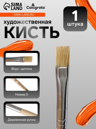 Кисть для рисования, щетина, № 5, плоская, деревянная ручка, международный размер