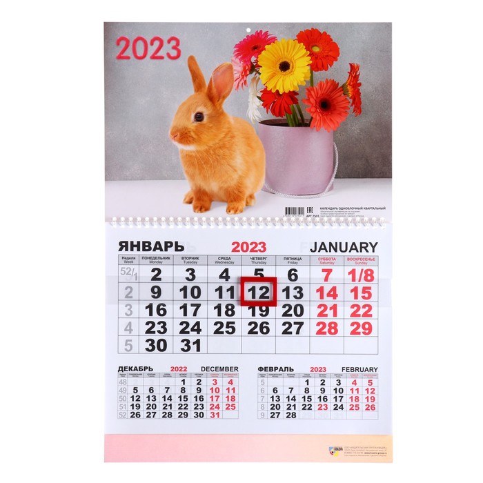 Календарь квартальный, моно "Символ Года - 9" 2023 год, 30х46см - Фото 1