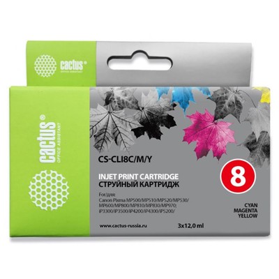Картридж струйный Cactus СS-CLI8C/M/Y, голубой/пурпурный/жёлтый, набор, для Canon MP470/500/530/6