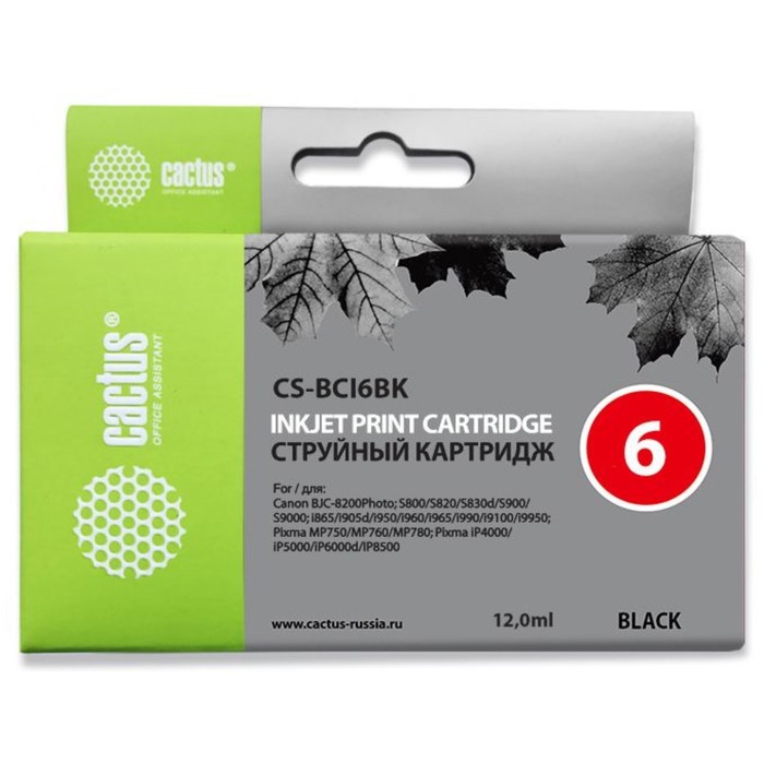 Картридж струйный Cactus CS-BCI6BK черный для Canon i905D/i950S/i960x/i965/i990/i9100/i9950/S800/S82 - Фото 1