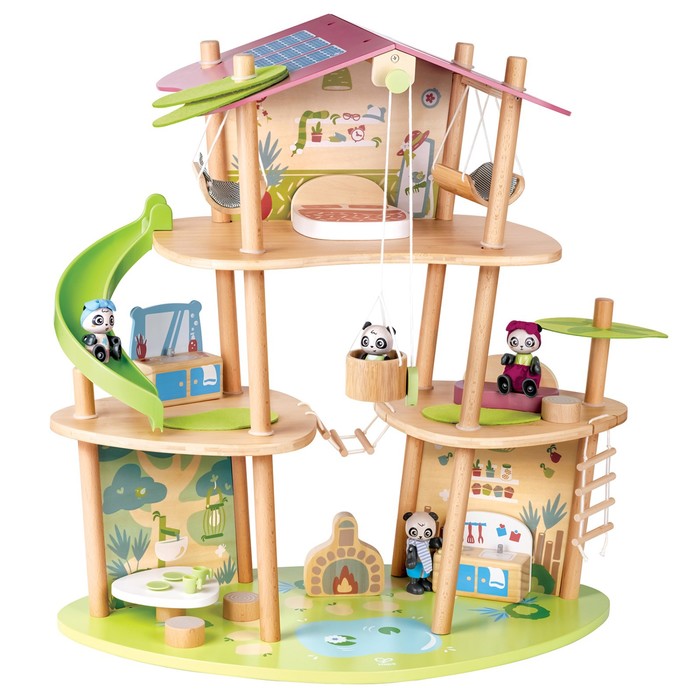 Домик кукольный Hape «Бамбуковый дом семьи панд», трёхэтажный, с фигурками и мебелью