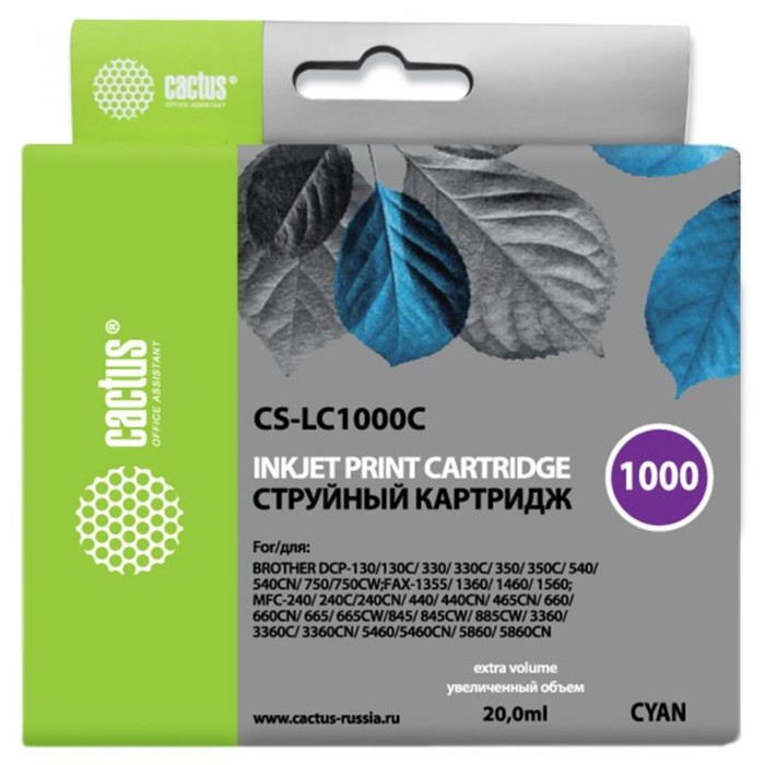 Картридж Cactus CS-LC1000C, (DCP 130C/330С/MFC-240C/5460CN), для Brother, голубой - Фото 1