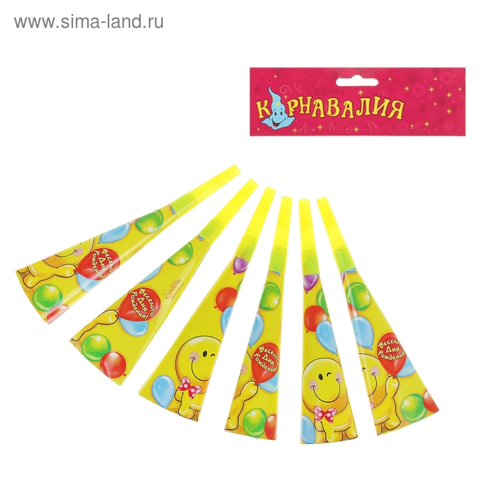 Дудка-гудок р-р 19 см "Веселого дня рождения!" (набор 6 шт) - Фото 1