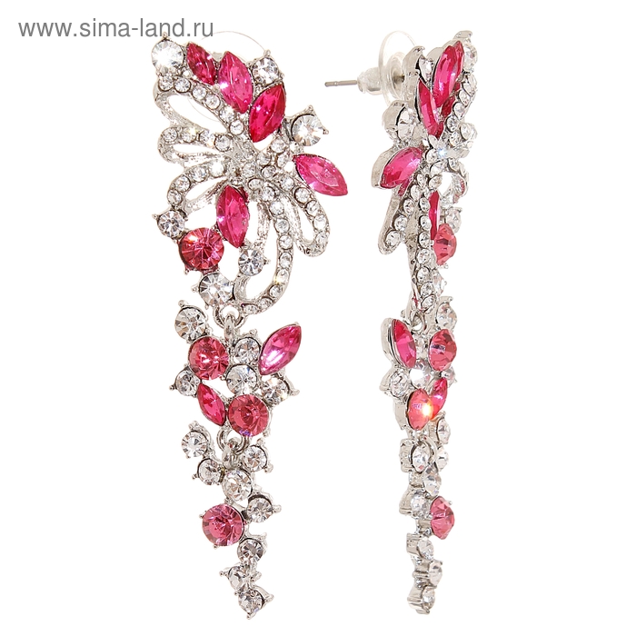 Серьги висячие со стразами «Блеск света», цвет розовый в серебре - Фото 1