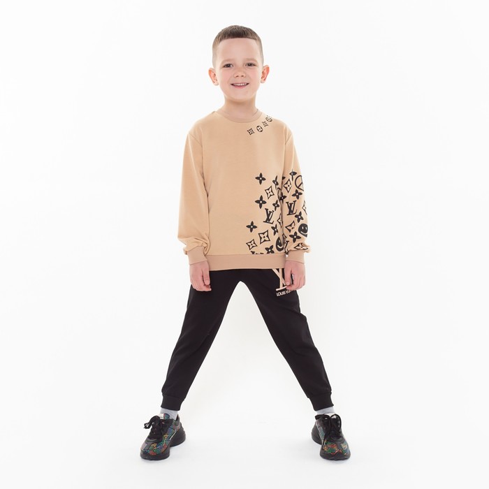 Комплект детский (свитшот, брюки), цвет бежевый/чёрный МИКС, рост 140 см - Фото 1