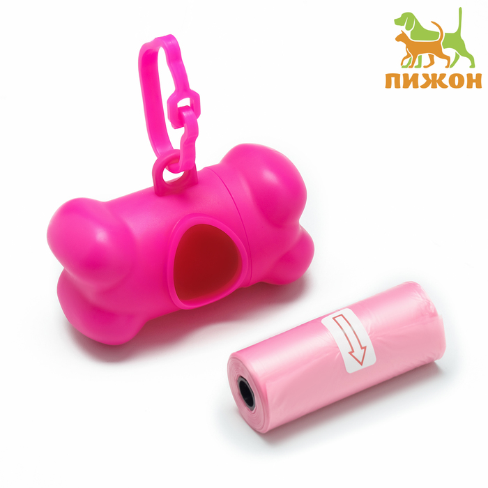 Контейнер-косточка с мешками для уборки (рулон 15 пакетов 29×21 см), розовый - Фото 1