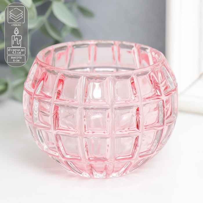 Стеклянный подсвечник на 1 свечу «Бочонок», d=4.5 см, розовый, 7.5×7.5×6 см - Фото 1