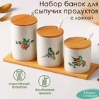 Набор банок фарфоровых для сыпучих продуктов с ложками Доляна «Эстет. Колибри», 3 предмета: 0,3 л, 0,35 л, 0,45 л, цвет белый - фото 10090739